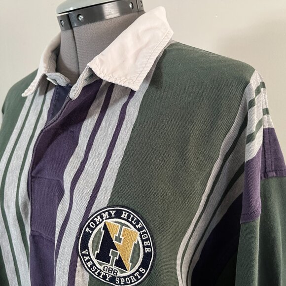 VTG Tommy Hilfiger Sz L Vertical Stripe Varsity Sports Rugby Shirt - Picture 2 of 14